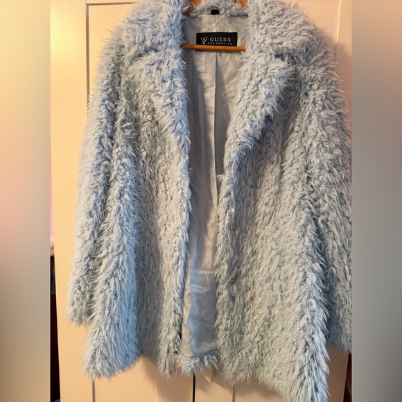 Guess Los Angeles Powder Blue Faux fur teddy coat. Size large. - Picture 4 of 16